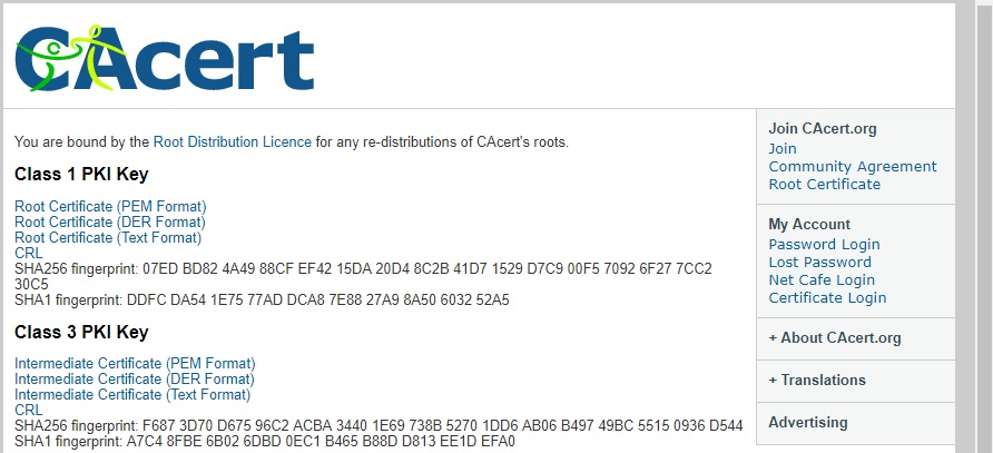 CAcert Root Certificate Page