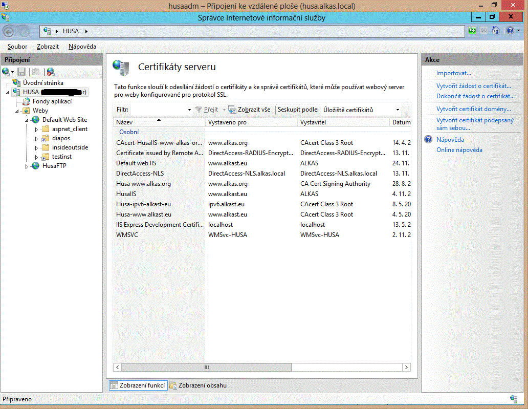 "Server certificates" window