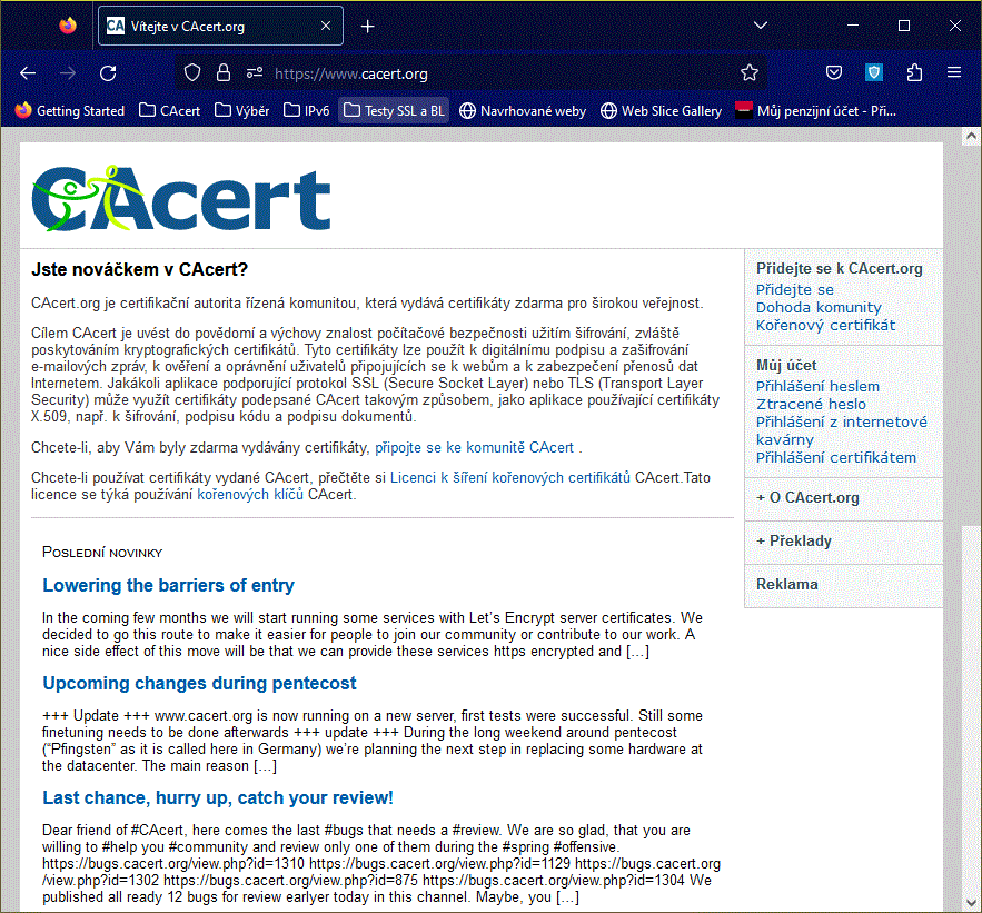 Úvodní stránka CAcert