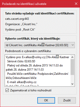 Výběr certifikátu - Firefox