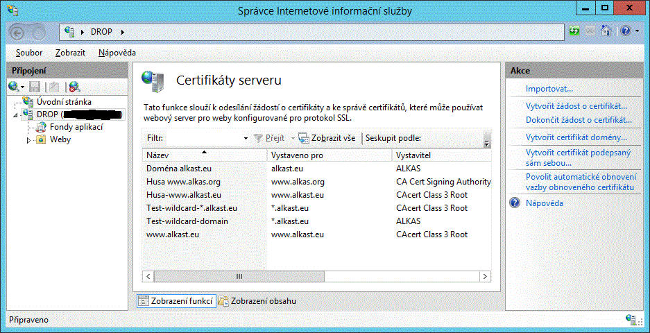 Okno certifikátů serveru