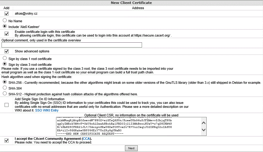 Entering the CSR to the CAcert web, certificate parameters selection