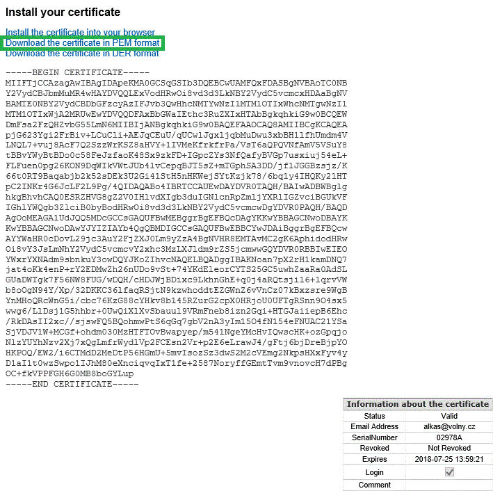 Ausgestelltes Zertifikat wird zum Download vorbereitet - PEM-Format