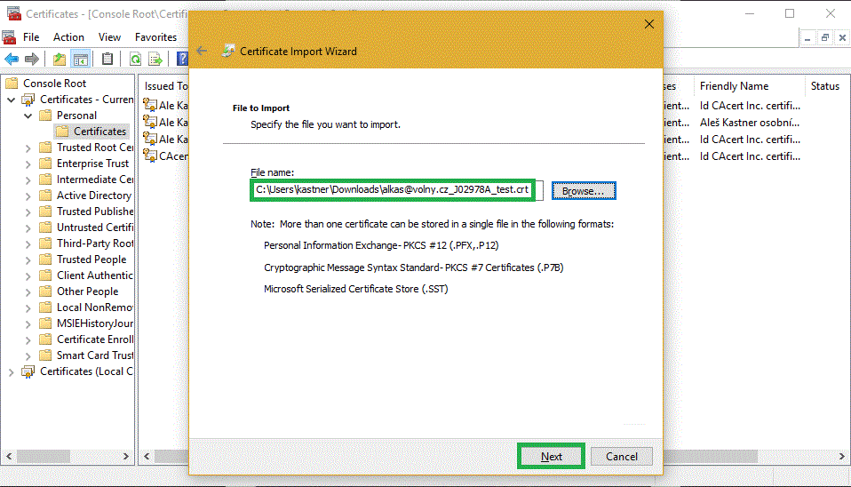 Select the certificate file to import