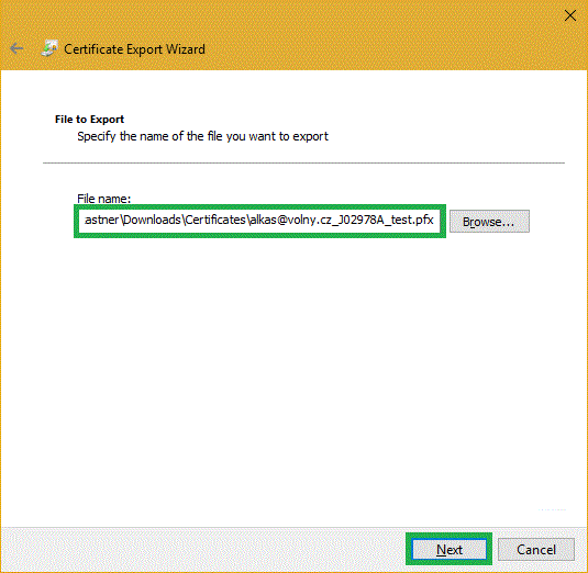 Eingabe der Datei, in die exportiert werden soll