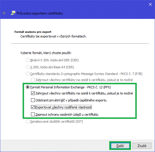 Nastavení vlastností exportovaného certifikátu