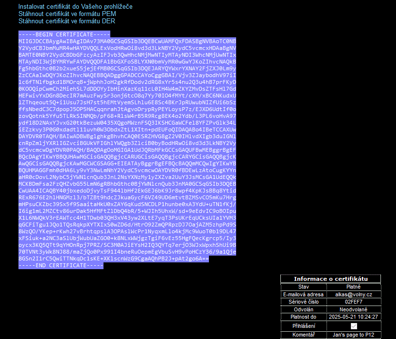 Vystavený certifikát