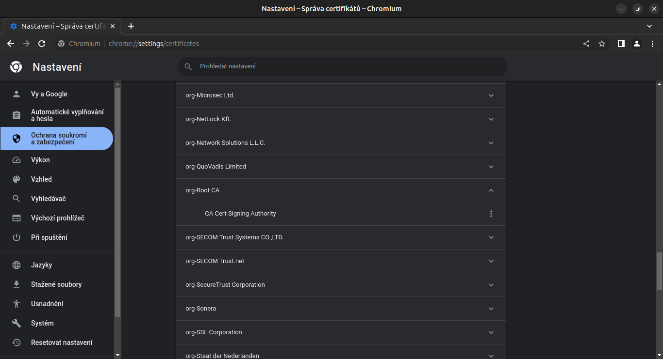 Správce certifikátů Chrome - autority