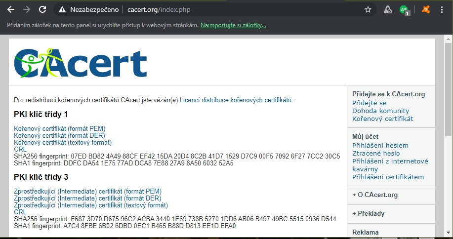 Stránka kořenových certifikátů CAcert