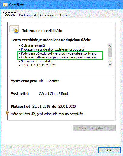Certifikát pro podpis kódu - zobrazení ve Windows 10