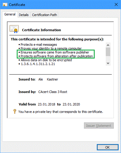 Code signing certificate image in Windows 10