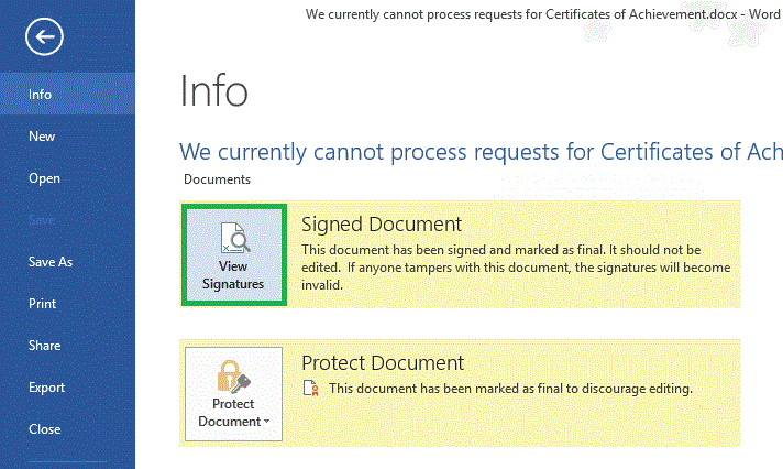 The indication of a digitally signed document