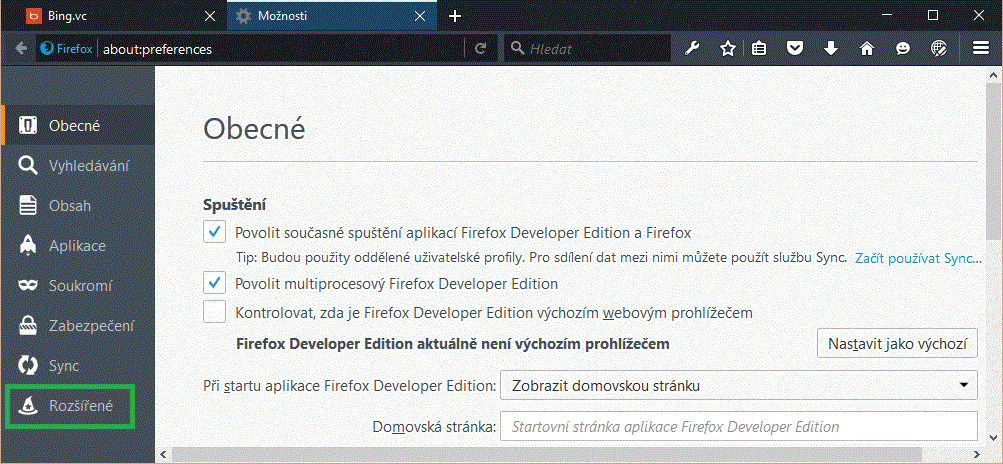 Firefox - rozšířené možnosti