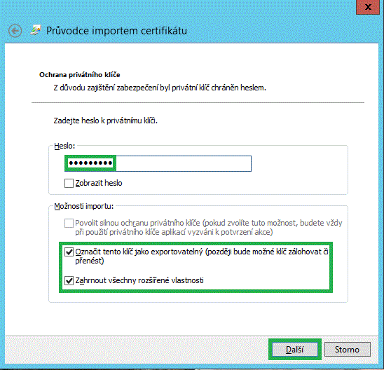 Zadání hesla a exportovatelnosti