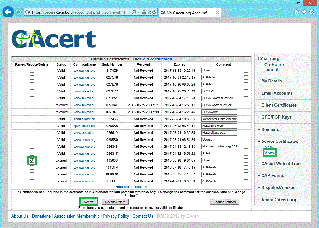 The list of certificates including revoked and expired ones