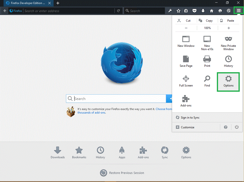 Firefox - options