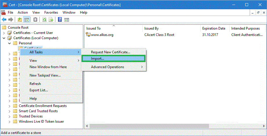 Import the renewed certificate with the private key