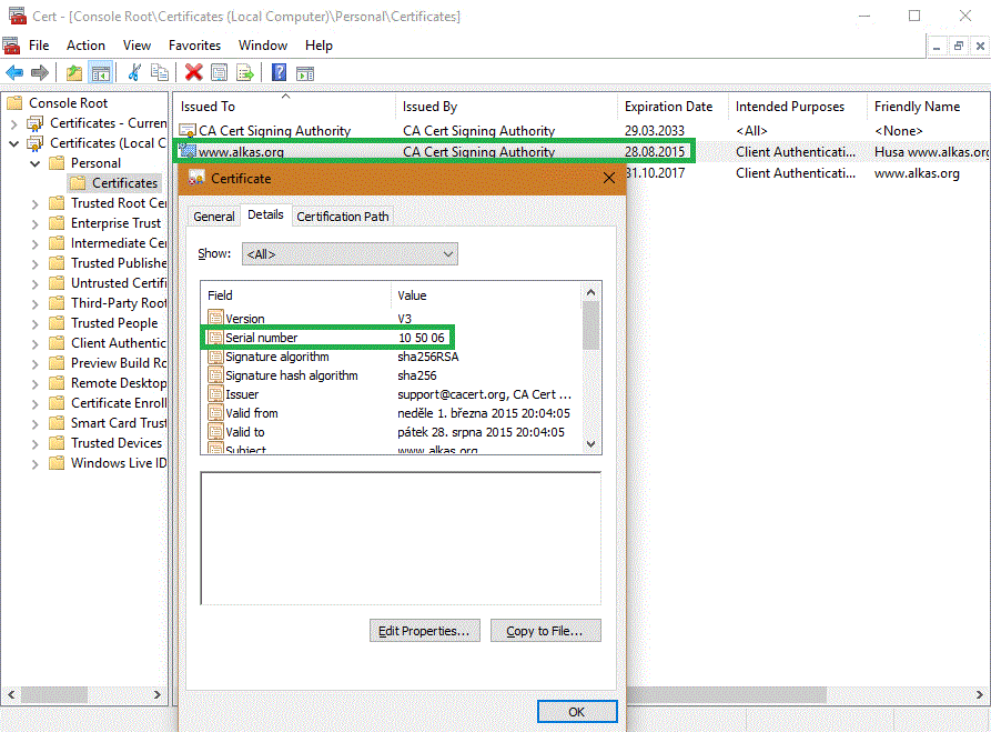 The expired certificate - serial number