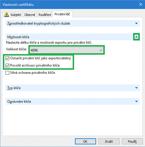 Dialog vlastností - Privátní klíč, vlastnosti klíče