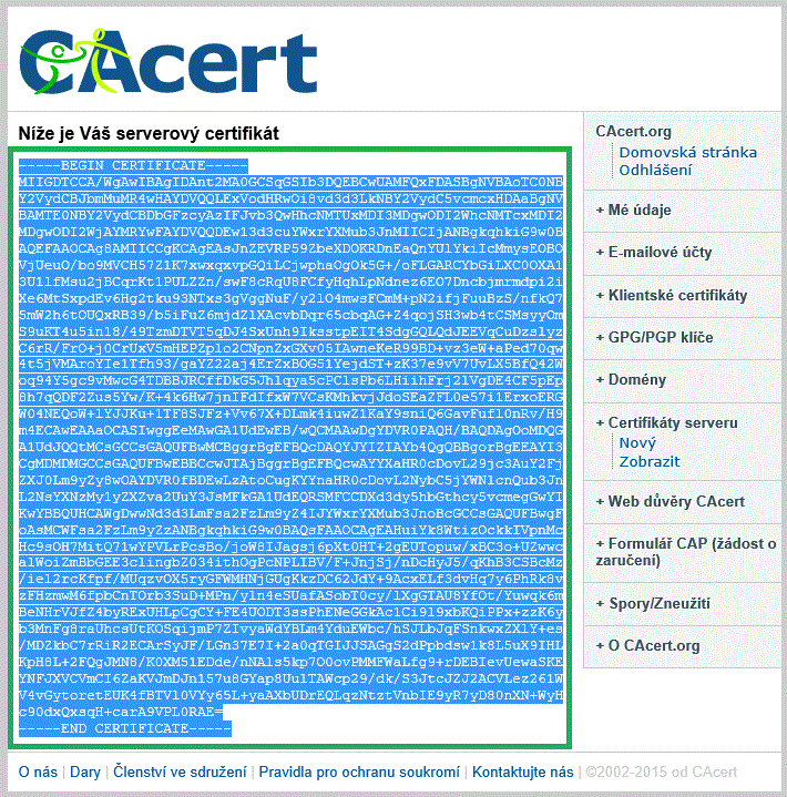 Vystavený serverový certifikát