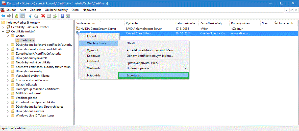 Export certifikátu - menu