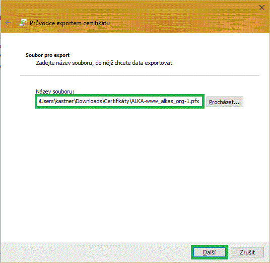 Zadání souboru pro uložení certifikátu a privátního klíče