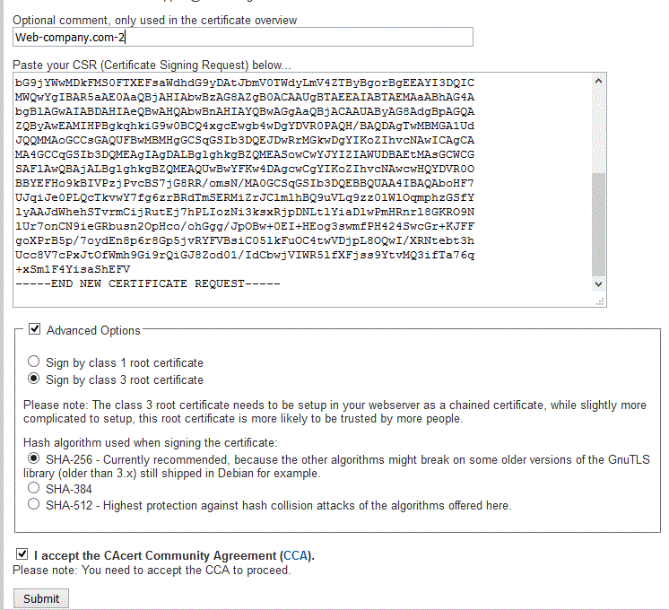 Entering CSR into the CAcert's form