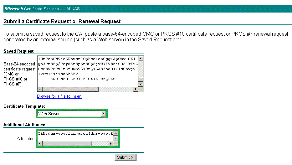 Submitting the CSR to the MS CA, entering SANs