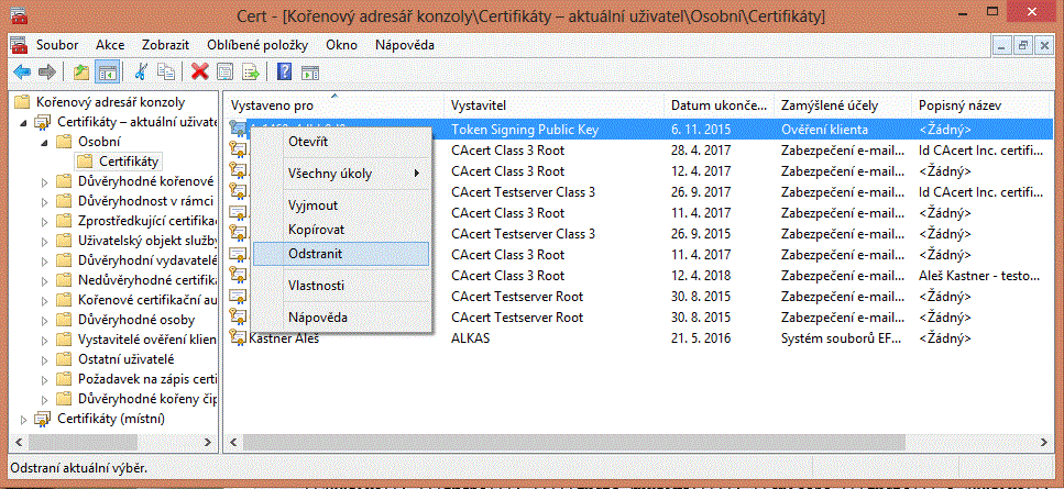 MMC modul Certifikáty - klientské