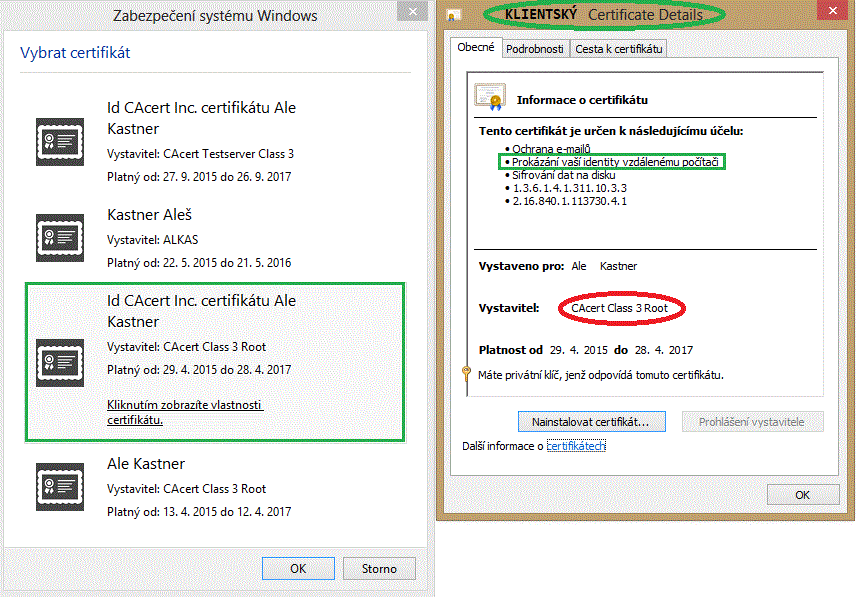 Přihlášení uživatele webovým prohlížečem IE10 z Windows (a zobrazení certifikátu)