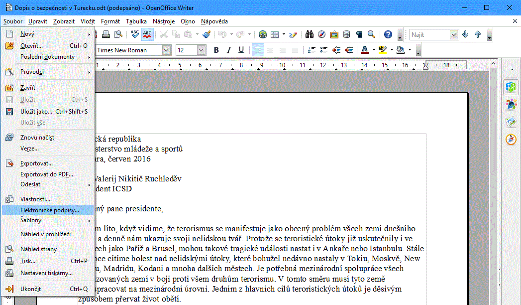 Menu podpisu v OpenOffice