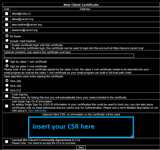 Set properties of the new certificate