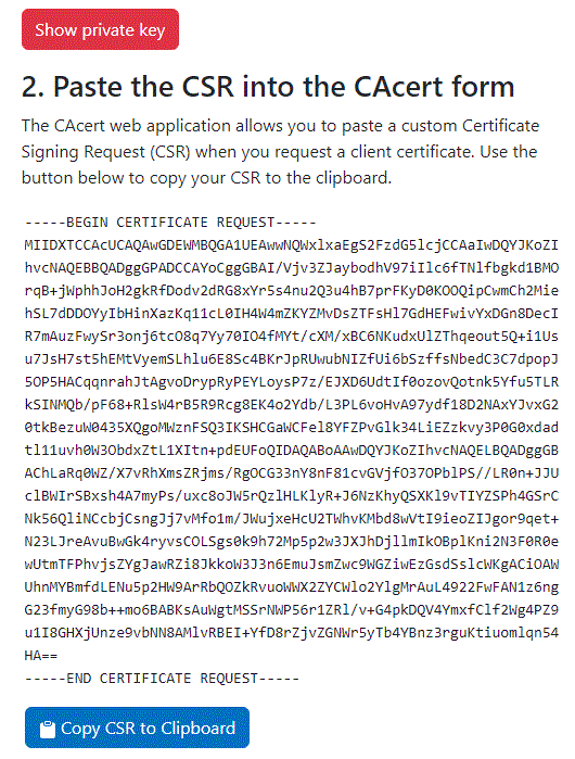 Private key; CSR to Clipboard